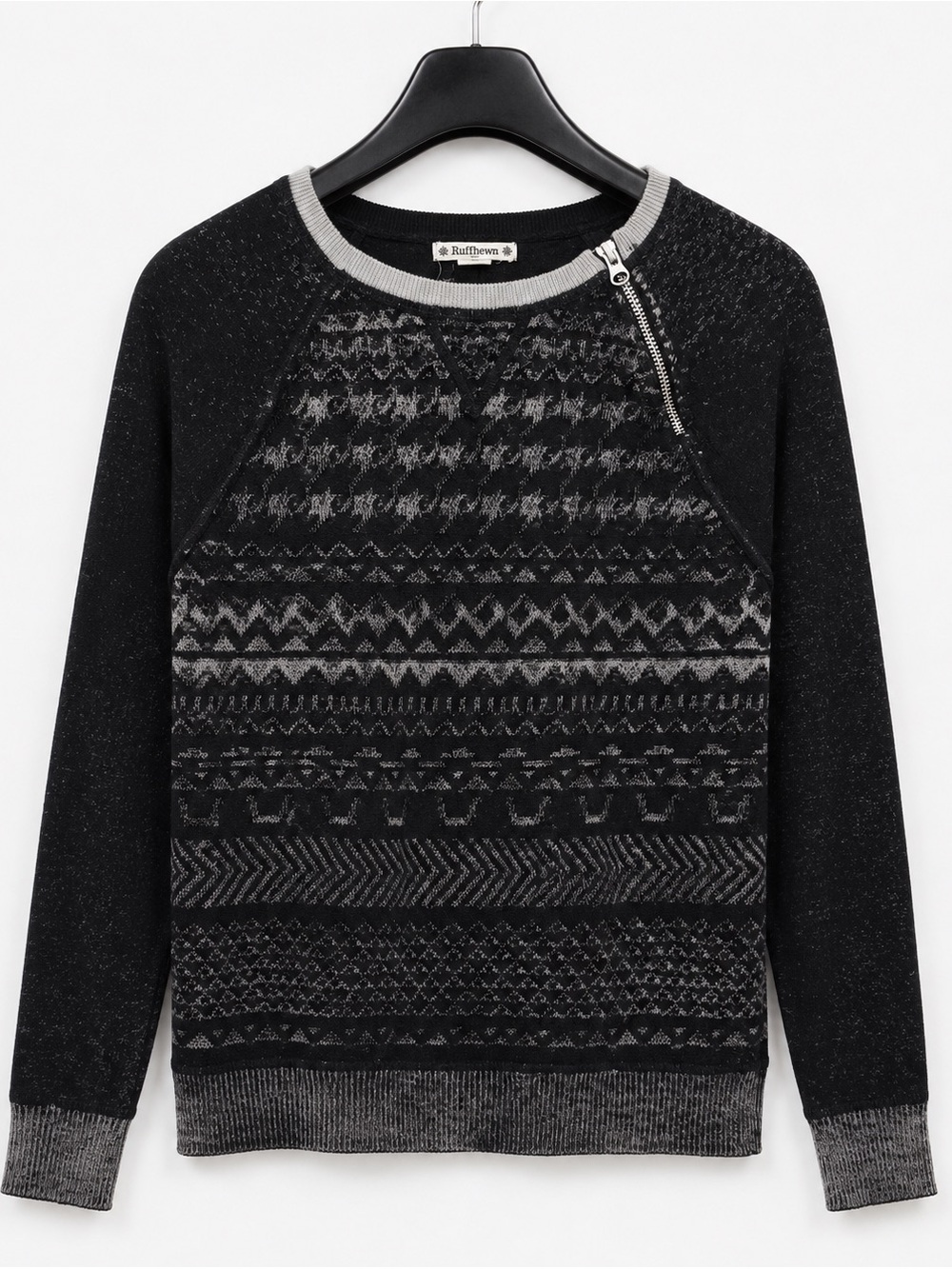 Ruff Hewn Black & Gray Geometric Zip-Accent Crewneck Sweater
